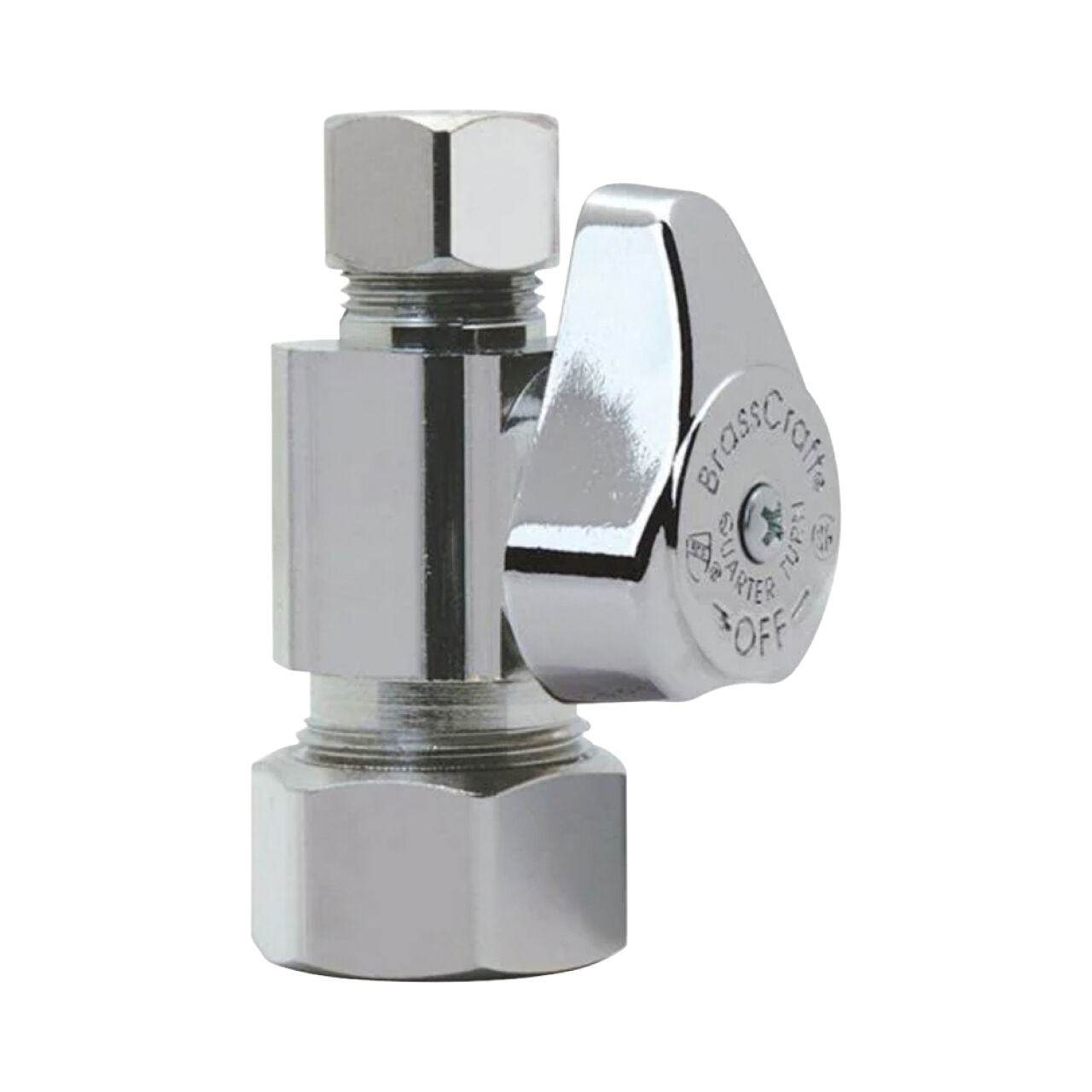 A close-up of the Go Build 1/2 in. Compression Inlet x 3/8 in. Compression Outlet 1/4-Turn Straight Valve - Chrome shows its chrome finish, hexagonal nut, and triangular “OFF” handle for smooth shut-off by The Fastest Way To Build.